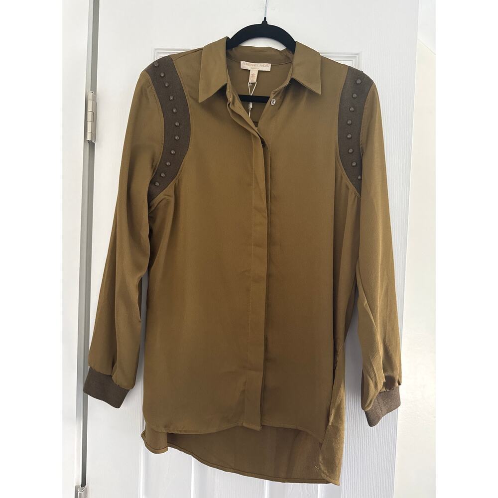 Adrian Landau NWT Olive Studded Button Down Blouse Size 6 Long Sleeve Hi-Low Top